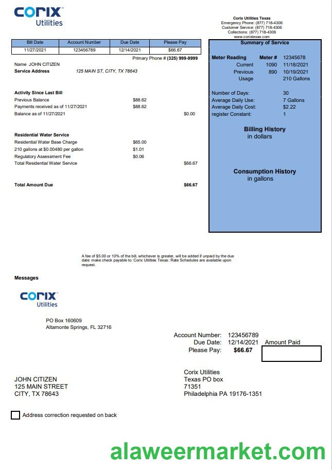 USA Corix Utilities bill template in Word and PDF format